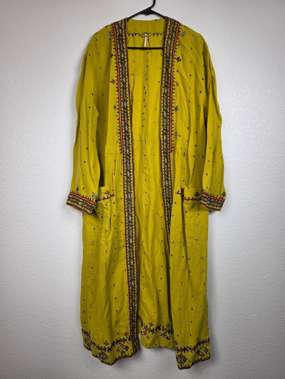 Free People Yellow Embroidered Linen Cardigan Duster
